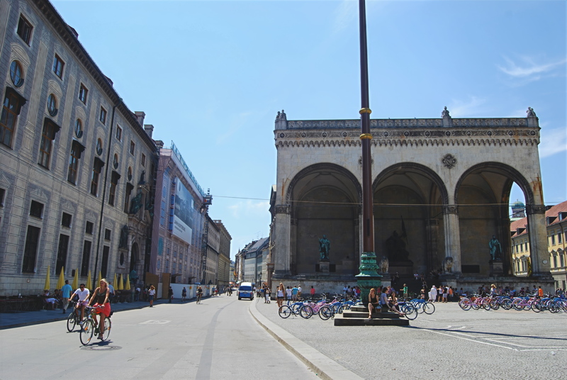 The monumental Feldherrnhalle loggia and the historic Odeonsplatz square in Munich, Germany
